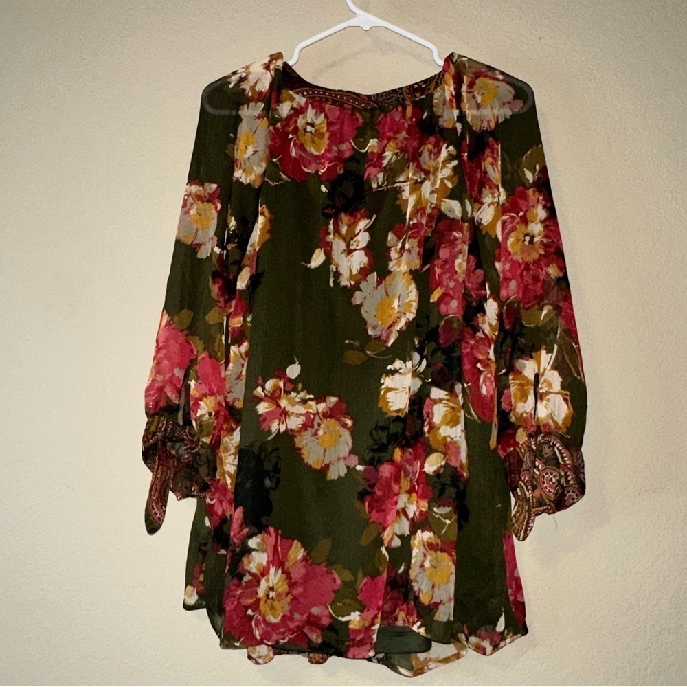 3/$25 Fig & Flower Fall Floral Sheer 3/4 Sleeves Tunic Blouse - Plus Size XXL - Picture 7 of 9